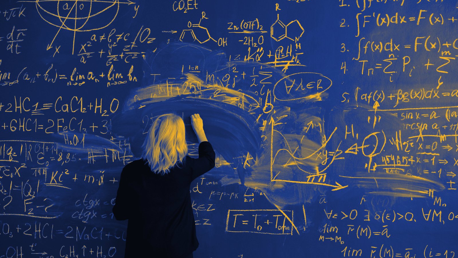 A physicist working through equations on a chalkboard, graded in navy and gold