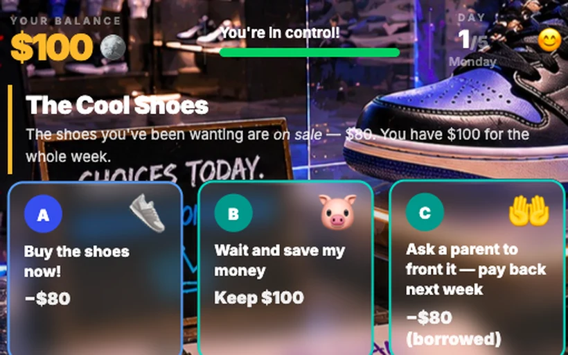 A decision screen in The $100 Week simulation offering three choices